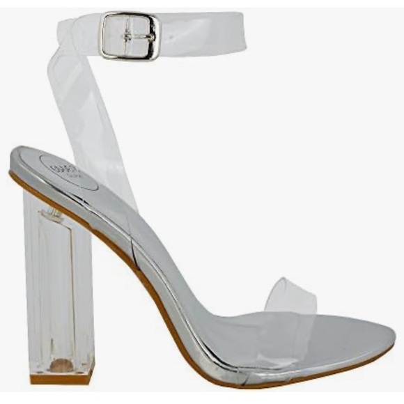 ESSEX GLAM Womens Silver Metallic Ankle Strap Clear Heel Peep Toe Sandals 9M - Picture 1 of 4